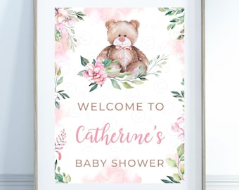 Teddy Bear Baby Shower Welcome Sign Poster 8x10 Girl Pink Teddy Bear, Bearly Wait, Digital Download Template Editable Text Teddy Bear Theme