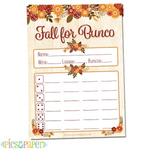 Bunco Score Card- Fall for Bunco- Fall Theme With Fall Flowers ...