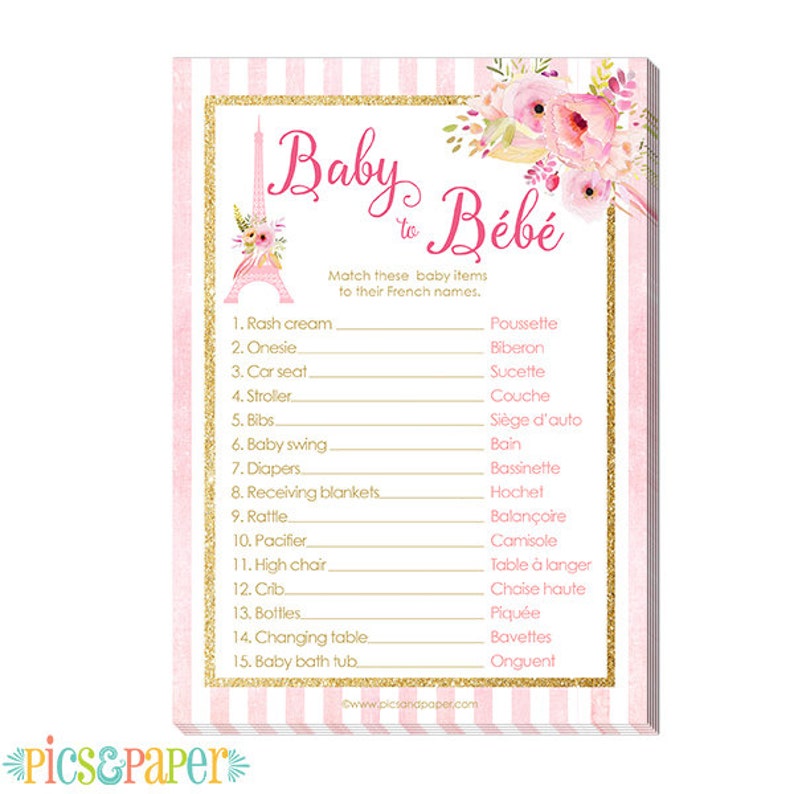 French Baby Shower Game Paris Theme Match the French Words for Etsy
