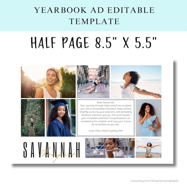 Yearbook Ad Template EDITABLE | Senior Tribute | Half Page 8.5 x 5.5 | Graduation Memory | Canva Template |  Simple Collage of 9 Photos