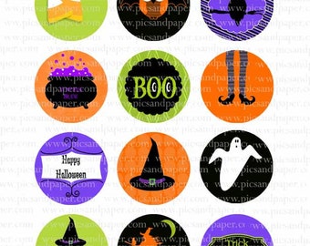 Halloween Digital Collage Sheet 2 inch Circle  No.233- Ghost-Witch-Owl- INSTANT DOWNLOAD
