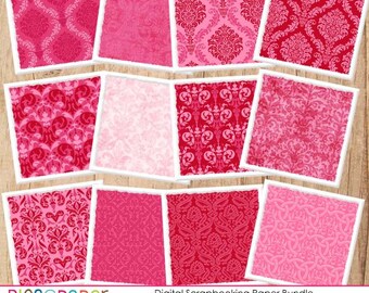 Valentine's Day Digital Papers with Damask Patterns in red and pink,  Pattern for crafts, scrapbook, invite, 12x12,