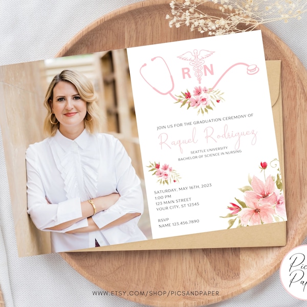 Nursing School Graduation Announcement, Pinning Ceremony, with Photo Pink Flowers with Stethoscope Editable template Instant Access