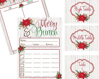 Christmas Bunco Score Card with Poinsettias- Merry and Bunco- Rustic Charm with Old Barn Wood Background- Instant Download