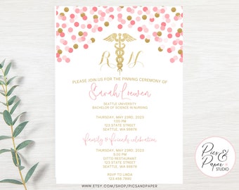 RN Nursing Graduation Invitation, Pinning Ceremony Invitation Nursing School Graduation Announcement Pink Gold  Editable Digital Template