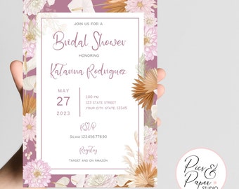 Bridal Shower Invitation Boho Flowers in Purple Plum and Gold Editable Invitation Template Bachelorette Wedding Invitation Instant Download