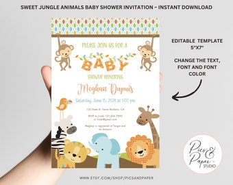 Jungle Safari Animals Baby Shower Invitation Editable - Safari Animals Baby Shower Invite - Jungle Party Invitation - Gender Neutral Baby