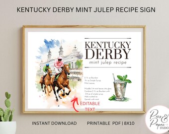 MINT JULEP EDITABLE Kentucky Derby Cocktail Recipe| Mint Julep Cocktail Bar Sign, Printable Sign 8x10 Horse racing Party Kentucky Derby