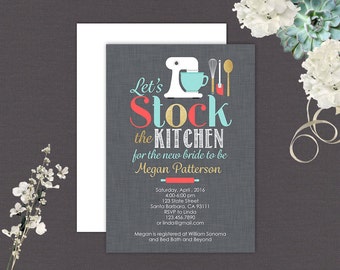 Bridal Shower Invitation Stock the Kitchen- Coral, Aqua, Grey and Gold- Kitchen Appliances- Utensils Pots and Pans- Printed or Digital