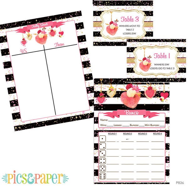 Valentine's Day Bunco Printable Set-Score Cards, Tally Sheet, Table Markers, Black, Gold, with Watercolor Hearts and Flowers- February Bunco