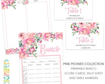 Bunco Score Card with Pink Peony Watercolor Flowers, Tally Sheet, Table Markers, Bunco Night Game Set Digital Download-Pink Peonies