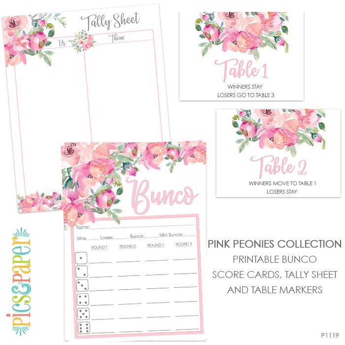 Bunco Score Card Editable with Peony Watercolor Flowers, Tally Sheet, Table Markers, Bunco Night Game Set Digital Download-Pink Peonies