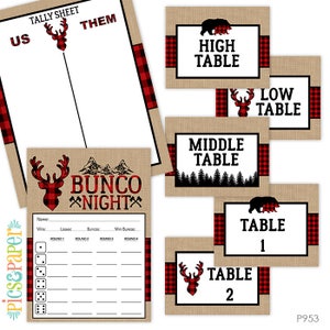 May include: A collection of Bunco Night game supplies with a rustic theme. Includes a tally sheet, scorecards, and table cards. The designs feature a red and black buffalo plaid pattern, deer antlers, and mountain graphics. The text on the cards reads "Bunco Night", "High Table", "Low Table", "Middle Table", "Table 1", and "Table 2".