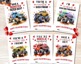 Monster Truck Valentine’s Day Cards for Kids Printable- Boys Valentine Exchange - Classroom Valentine Instant Download- Editable Name