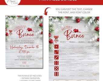 Christmas Winter Holidays Bunco Night Printable Bundle Score Card, Tally Sheet, Welcome Sign, Invitation, Table Card all with Editable Text