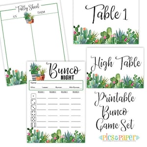 Bunco Game Set afdrukbare scorekaart - Cactus / Cactussen / Succulent - Bunco Night Afdrukbare tafelmarkeringen - Tally Sheet - Bunko Scorekaart - Scoreblad