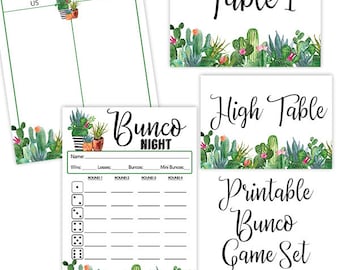 Bunco Game Set Printable Scorecard- Cactus/ Cacti/ Succulent- Bunco Night Printable Table Markers-Tally Sheet- Bunko Score Card- Score Sheet