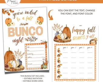 Tarjetas de puntuación de Bunco de otoño, hoja de conteo, invitación, tarjetas de mesa, tarjeta fantasma, hojas de calabaza de otoño, paquete imprimible de fiesta de juego de Bunco editable