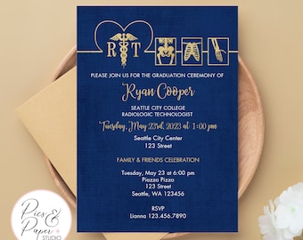 Radiologic Technologist Graduation Invitation, RT, Navy and Gold, Personalized with your info- Printed or Digital