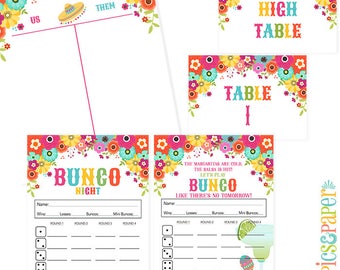 Fiesta Theme Bunco Night Score Card with Fiesta Flowers, Margaritas, Sombreros, Bunco Night Printable Table Markers-Tally Sheet
