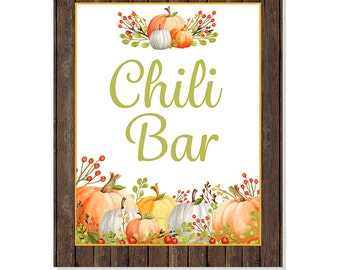 Chili Bar Printable Sign- Fall Pumpkins Themed with Rustic Wood -Thanksgiving Table Sign- Fall Gathering- Instant Download