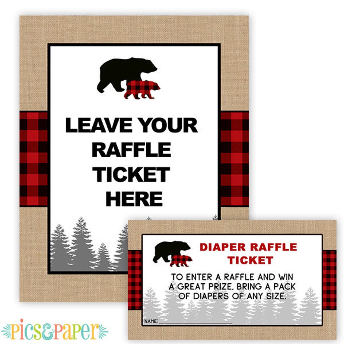 Lumberjack Baby Shower Diaper Raffle Ticket With Red Plaid - Etsy