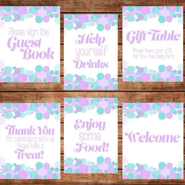 Baby shower printable table signs with lavender, purple and turquoise bubbles, Drinks, Food, Welcome, Thank You, Guest Book
