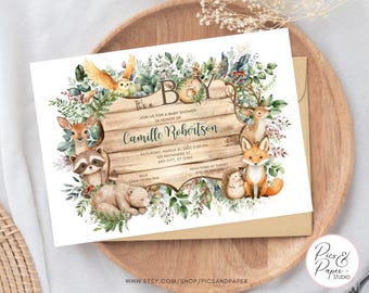 Woodland Baby Boy Shower Invitation- Editable Template- Adorable Forests Animals and Rustic Greenery | INSTANT DOWNLOAD