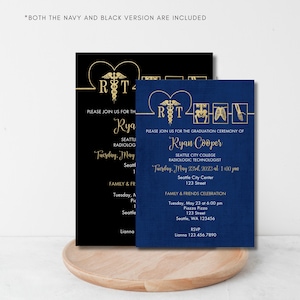 May include: Navy blue and black graduation invitation with gold text. The invitation is for Ryan Cooper, a Radiologic Technologist graduating from Seattle City College. The invitation includes the date, time, and location of the graduation ceremony and a family and friends celebration.