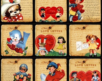 Digital Collage Sheet Retro Valentine's Day  2 sizes combined 2x2 and 1x1 No.187 INSTANT DOWNLOAD