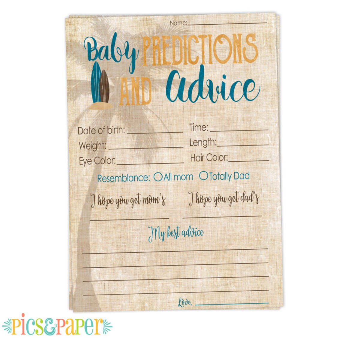 Baby Predictions and Advice Printable Card Surf Theme Baby - Etsy