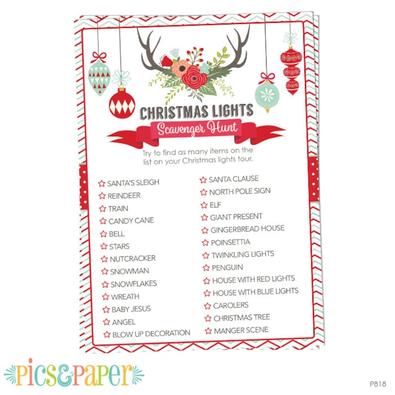 Pode incluir: Uma ca&ccedil;a ao tesouro imprim&iacute;vel "Christmas Lights" com uma borda vermelha e branca. O design inclui ornamentos decorativos, chifres e uma faixa que diz "Christmas Lights Scavenger Hunt". A lista inclui itens como o tren&oacute; do Papai Noel, a rena e a &aacute;rvore de Natal.