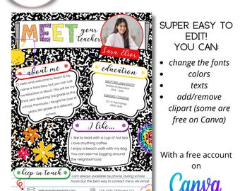 Meet Your Teacher Editable Template with composition book layout Back to School Parent Letter New teacher Letter Template Digital Download
