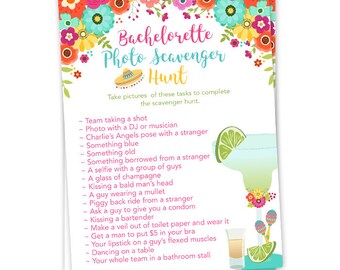 Fiesta Theme Bachelorette Party Photo Scavenger Hunt Game with Margarita, Tequila and Colorful Fiesta Flowers- Printable File