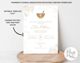Pharmacy School Graduation Announcement, Commencement Ceremony, Elegant and Simple Design |  Gold Bowl of Hygieia| Editable Template