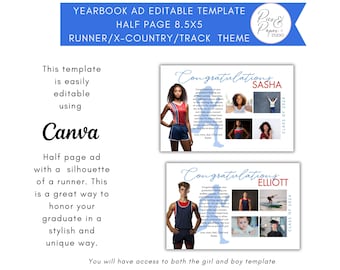 YEARBOOK AD Template, Half Page, Editable Layout,5 photos Senior Graduate 2024 8.5x5 inch High School Grad, Cross-country, Track and Field