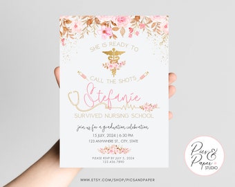 Nursing School Graduation Celebration Invitation She is Ready to Call the Shots Pink and Gold- Editable template, Nursing Graduation Party