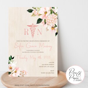 Nursing School Graduation Announcement Pinning Ceremony Invitation RN, Rose Gold and Floral Editable Digital Template Invitation