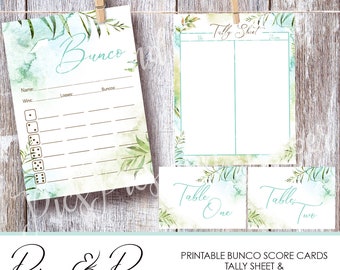 Cartes de pointage Bunco imprimables avec thème tropical Aqua aquarelle et feuille de pointage de feuillage vert, numéros de table, Bunco Night Game Digital