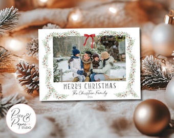 Photo Christmas Card Personalized Merry Christmas Card, Editable Canva Template Xmas Card Landscape Family Portrait Christmas Card