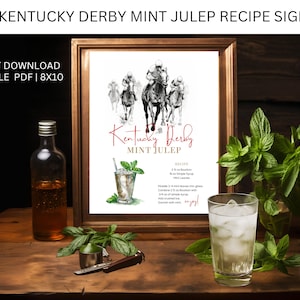 Mint Julep Recipe| Mint Julep Kentucky Derby Theme Bar Sign| Printable Sign 8x10 Horse racing Party| Kentucky Derby Cocktail Sign