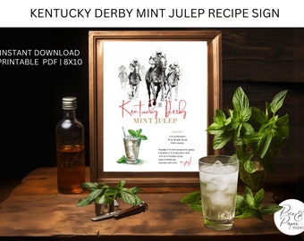 Mint Julep Recipe| Mint Julep Kentucky Derby Theme Bar Sign| Printable Sign 8x10 Horse racing Party| Kentucky Derby Cocktail Sign