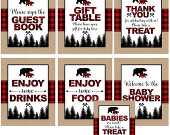 Lumberjack Baby Shower Table Sign , Printable Signs, Bear, Red Flannel, Burlap, Buffalo Plaid, Bear, Welcome, Gift, Food, Drinks, and more