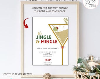 Könnte beinhalten: Gerahmte Einladung zur Weihnachtsfeier mit dem Text "Jingle & Mingle". Die Einladung zeigt ein Martini-Glas-Design mit einer Olive. Der Text "Sie können den Text bearbeiten, die Schriftart und die Schriftfarbe ändern" ist ebenfalls enthalten.