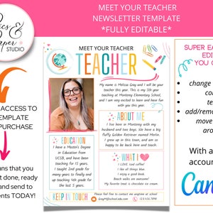 Meet Your Teacher Editable Template with colorful layout Back to School Parent Letter New teacher Letter Template Digital and Printable