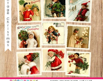 Vintage Children at Christmas Time Digital Collage Sheet 1.5x1.5 square inch  NO.10 INSTANT DOWNLOAD