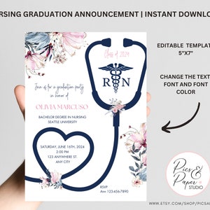 RN Nursing School Graduation Announcement | Pinning Ceremony, Navy and Pink | RN  Stethoscope with floral | Editable template