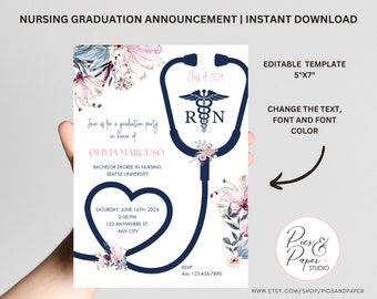 RN Nursing School Graduation Announcement | Pinning Ceremony, Navy and Pink | RN  Stethoscope with floral | Editable template