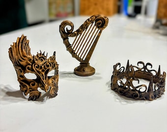 Fantasy relics - Golden fantasy troves - dread troves- mask, harp and crown - Bookself  decor