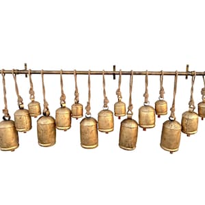 Set of 15 Brass Hanging Bells – Handmade, Golden Vintage Look for Christmas, Weddings, Wall Hanging Wreath Decor Handmade Bells On Jute Rope